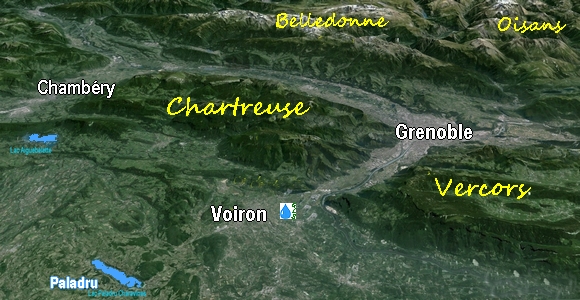 au pied des alpes, panorama sur 5 chanes de montagnes: Jura, Chartreuse, Belledonne, Oisans,Vercors. Grenoble, Voiron, Lac Paladru. Cliquez